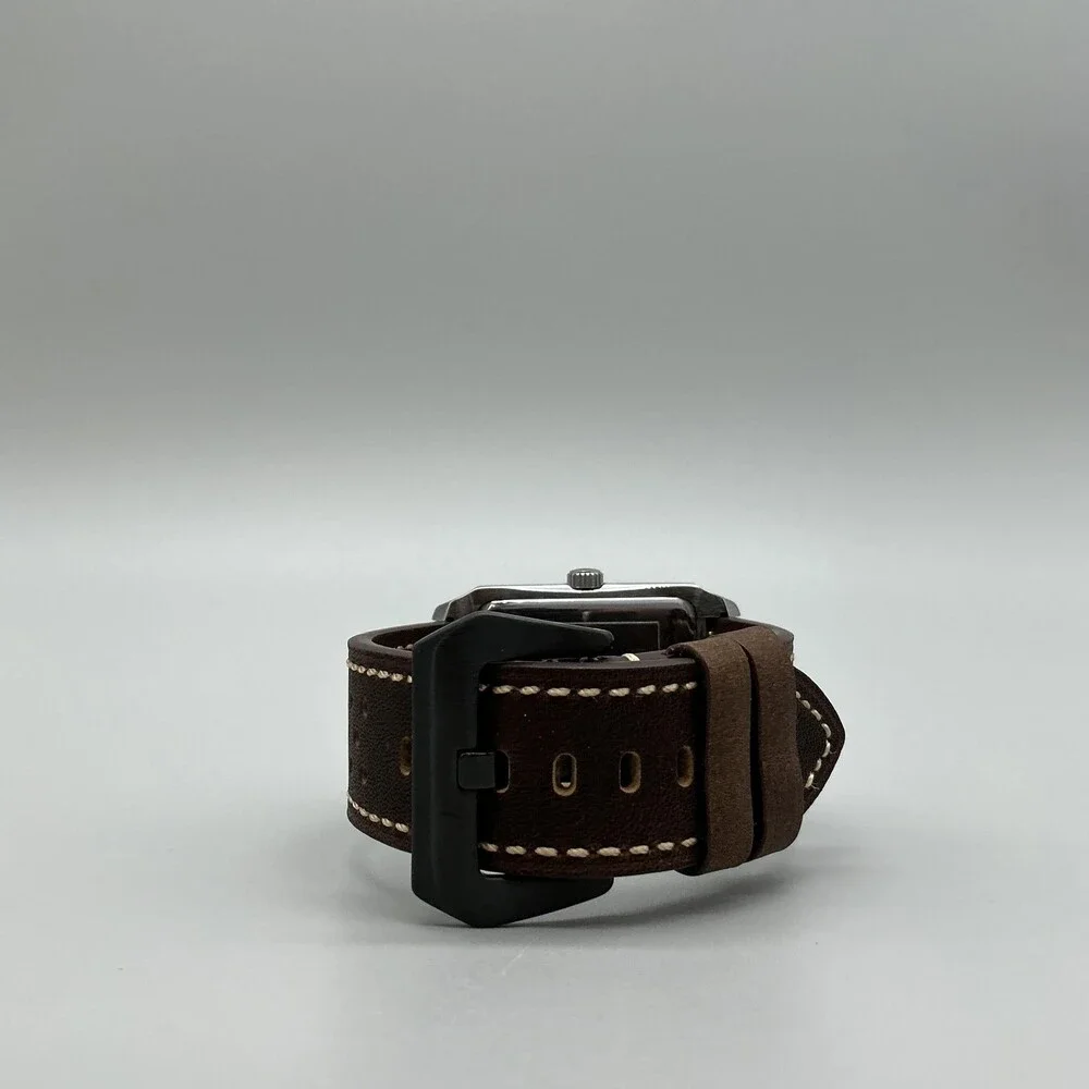 Guess Mens Watch 35mm Black Dial Brown Leather Rectangle Dress New Battery
